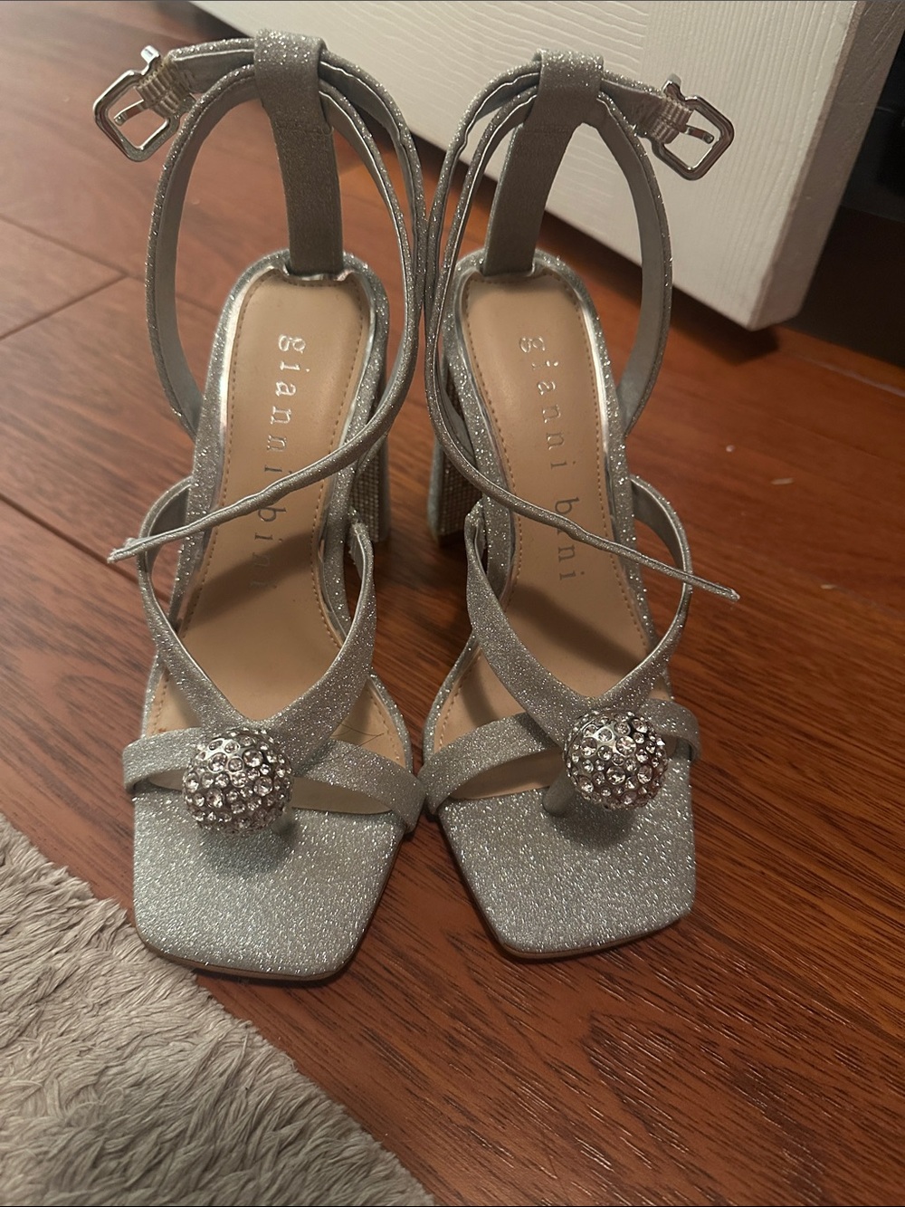 Gianni Bini Silver Glitter Strappy Block Heel Sandals with Crystal Accent